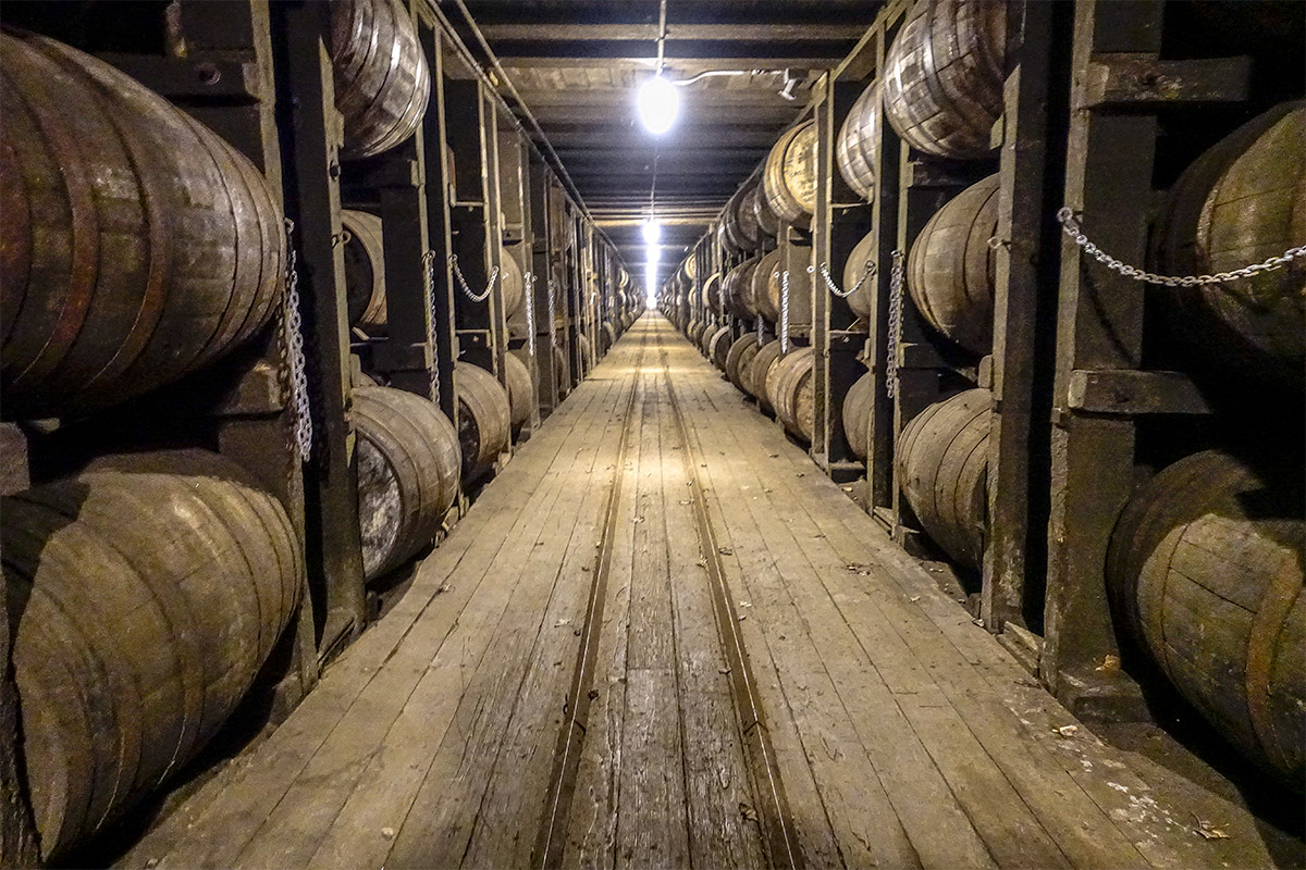 bourbon barrels in rickhouse